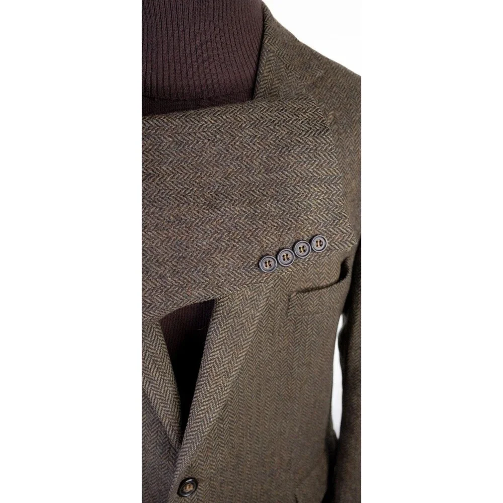 Tailorbyrd Fabric By MOON Herringbone Olive Green Blazer 48L Two Button Jacket